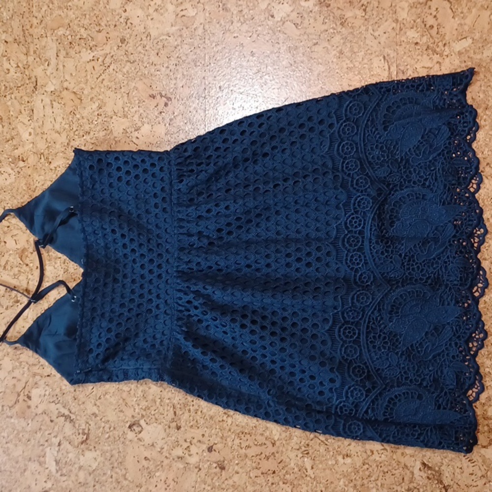 Abercrombie & Fitch Navy Spaghetti Strap Eyelet Overlay Mini Dress Size M NWT - Picture 6 of 9